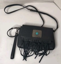 Wrangler Turquoise Stone Concho Fringe Clutch/Crossbody Black Western Silver