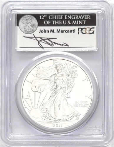 2011 W BURNISHED SILVER EAGLE W MINT MARK 25TH ANNIVERSARY PCGS MS70 MERCANTI