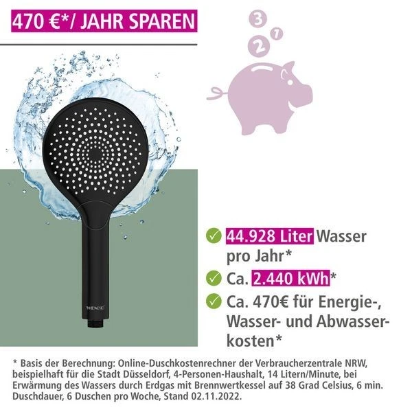 WENKO Duschkopf Watersaving ABS Schwarz Universalanschluss Durchlauferhitzer - Bild 3 von 4
