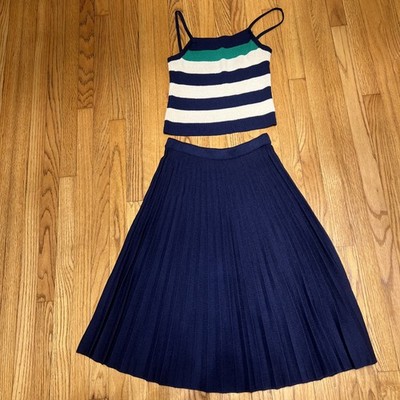 Vintage St John Navy Knit Santana Pleated Skirt and Top SET Small