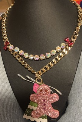 Betsey Johnson Holiday Gingerbread Gold Necklace Pink Removable Ornament New