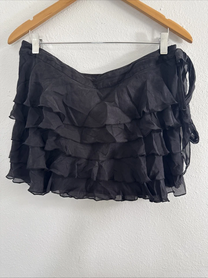 复古湿封迷你裙女式 11 黑色丝绸层叠荷叶边深 Fairycore Y2K 90 年代 — 第 4/4 张图片