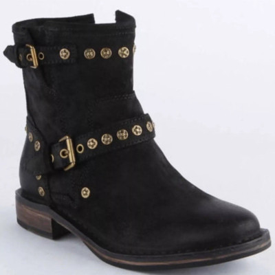 UGG Fabrizia Black Distressed Suede Studded Moto Biker Ankle Boots Women s Sz 8