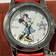 Disney Minnie Mouse Watch Red Leather Band Silver Tone New Battery Brand New NWT