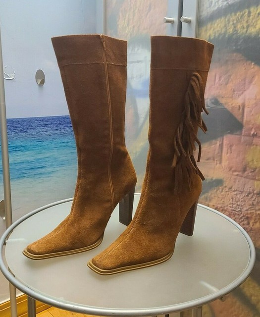 VINTAGE BAKERS Women"s Boots Sz.8 Fringe Suede Leather Cowgirl Brown