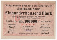 GERMANY BÖBLINGEN SINDELFINGEN 100000 MARK 1923 ASTERISK EMERGENCY MONEY NOTGELD