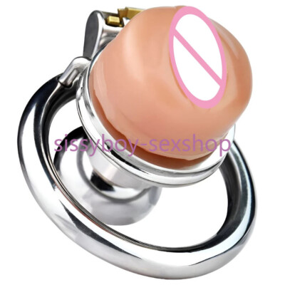 FAAK Sissy Flat Chastity Cage with Skin Pussy Tube CBT Steel Negative Ring