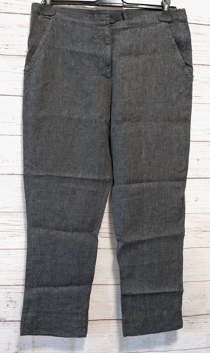 FLAX Women 100 Linen Pants Gray Front Zip Hi Rise Elastic Waist Lagenlook Sz M