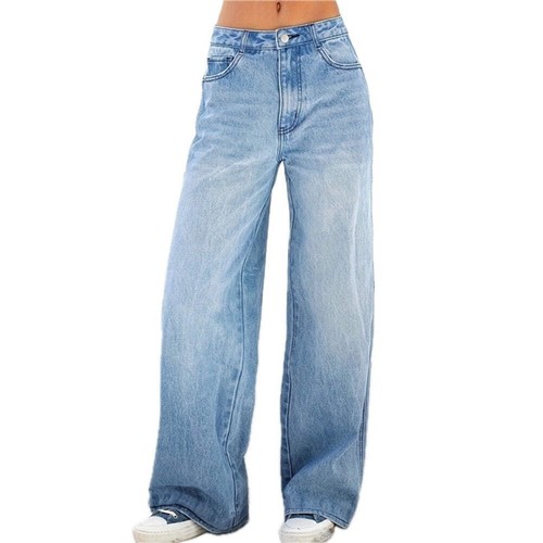 Womens Jeans High Waist Loose Wide Leg Denim Pants Fashion Street Commuting Cott