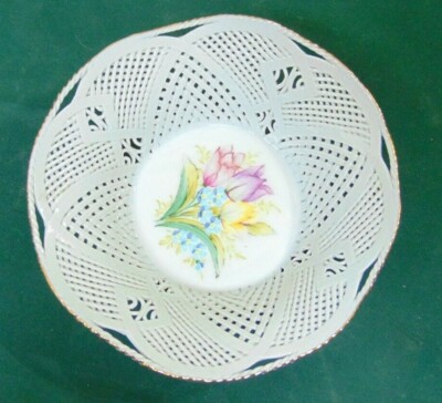 Moga Romania Pierced Lattice Porcelain Basket Bowl Hand-Painted Floral China
