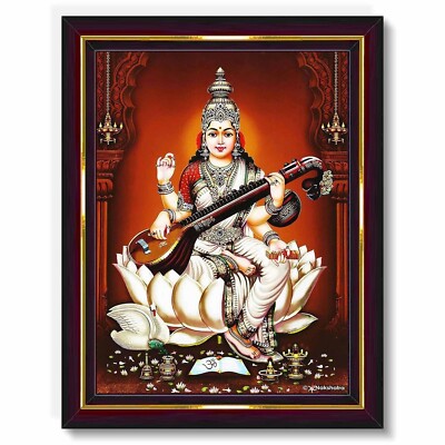 Lord Goddess Saraswati Devi HD Printed Religious Picture With Wooden Frame
