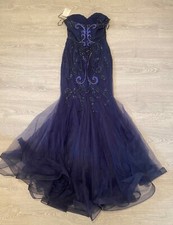 Prom dress gown train mermaid trumpet sweetheart midnight blue sparkly 10