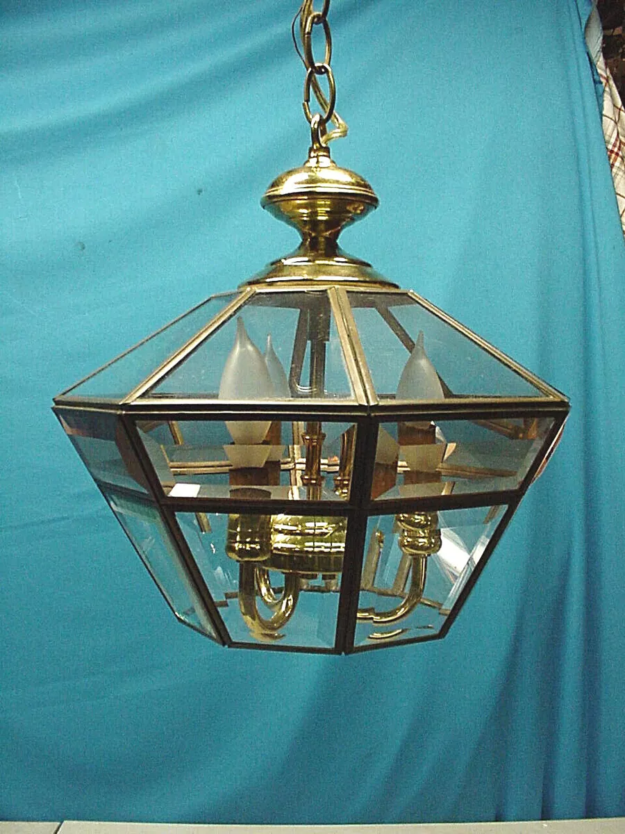 Vintage Fredrick Ramond Amber Beveled Glass 3 Light Octagon Hanging Pendant