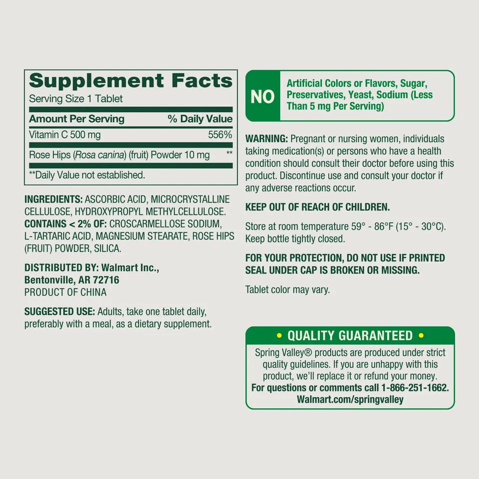Spring Valley витамин С добавка с шиповником таблетки, 500 мг, 250 штук - Изображение 4 из 4
