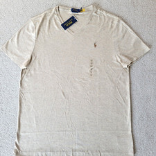 Polo Ralph Lauren Men V Neck T-Shirt Beige Custom Slim Fit Colorblock Pony XXL