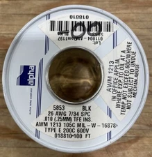 Alpha Wire 5853 BK005 Hook-Up Wire, 26AWG, 7/34, PTFE, 26/1c, 600V, 100ft, Black