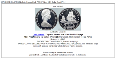 1974 COOK ISLANDS Elizabeth II James Cook PROOF Silver 2 1/2