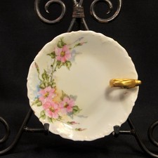 Limoges T&V Lemon Dish Nappy Hand Painted Pink Roses Gold Ring Handle 1907-1919