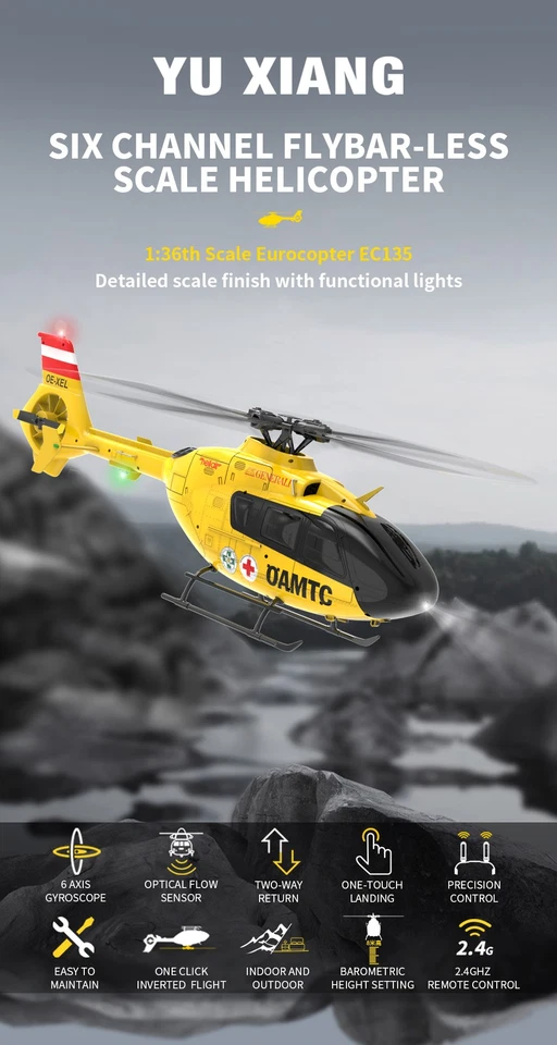 YXZNRC EC135 RC Helicopter 6-axis Gyro 2.4G 6CH 1:36Aircraft LED Light 2 Battery - Bild 3 von 4