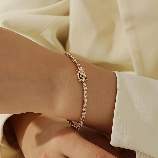 Pulsera Tenis Bisel Chapada en Plata 925 Con Oro 14k PLATA 925 Corte Redondo Foto 3 de 4