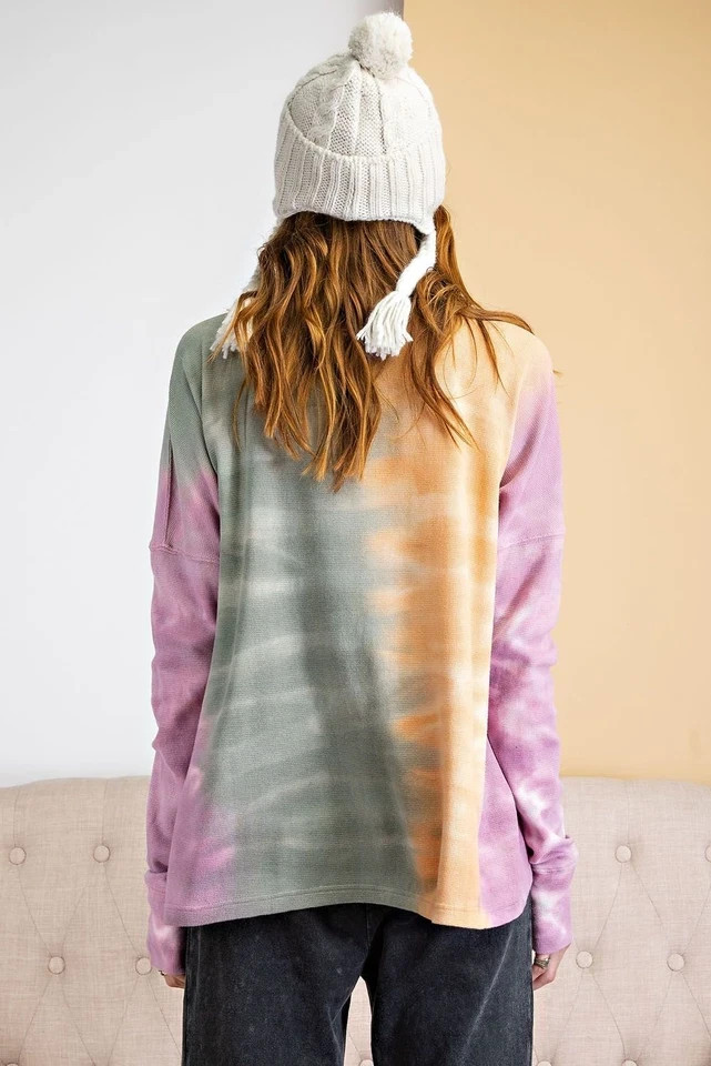 SIZE S EASEL CAMEL/OLIVE MIX "SUNSET DREAMS" OMBRE DYE PULLOVER Top/Shirt BHCS