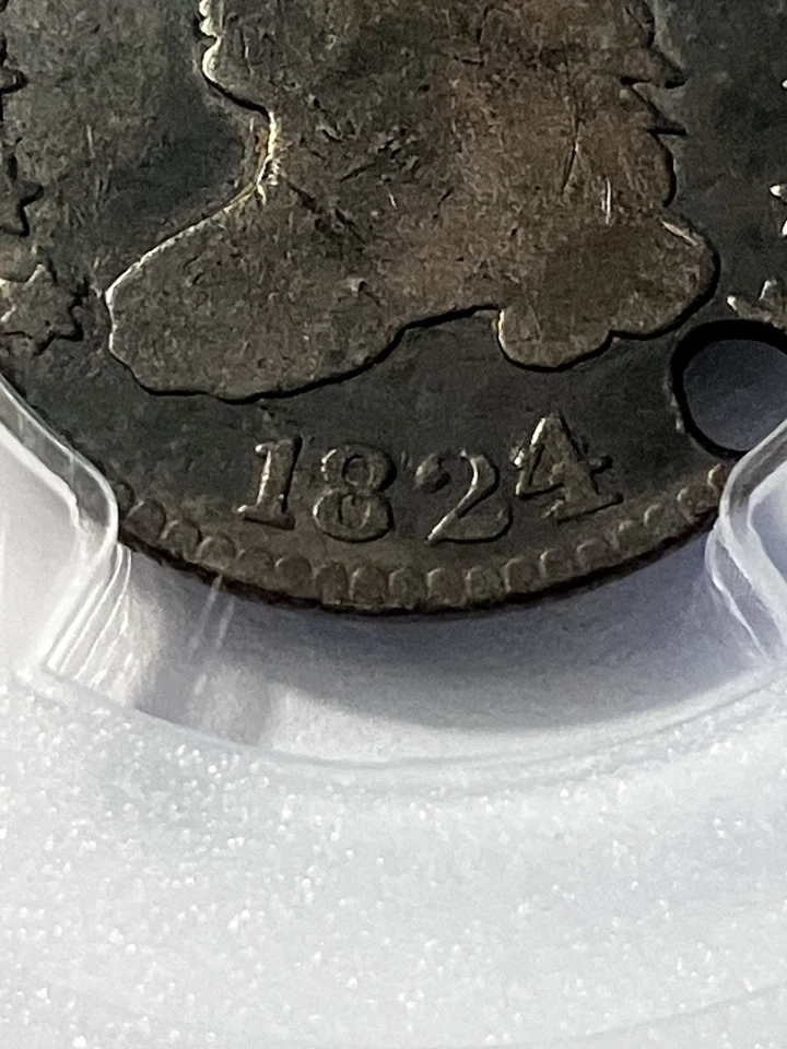 Moneda de diez centavos busto tapado 1824/2 punta una graduada PCGS genuina perforada detalles G Foto 3 de 4