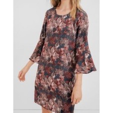 Garnet Hill Womens 100% Silk Shift Dress 14 Printed Bell Sleeve Office Neutral