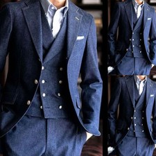 Vintage Denim Blue Men Suits Business Casual Regular Fit Wedding Party Tuxedos