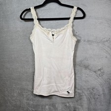 Abercrombie Fitch Henley Tank Womens M Lace Fringe Ivory Cream Logo Ribbed Y2K