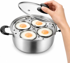 Stainless Steel Egg Poacher Pan with 4 Cups & Tempered Glass Lid for All Stoveto