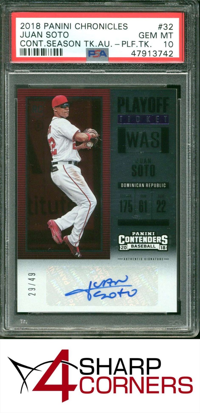 2018 CONTENDERS SEASON TICKET AUTO PLAYOFF #32 JUAN SOTO RC #/49 POP 3 PSA 10