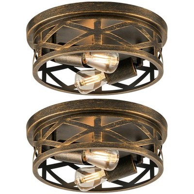 Stylish 2-Pack Farmhouse Ceiling Lights - 11'' Metal Cage Design, Bronze Finish