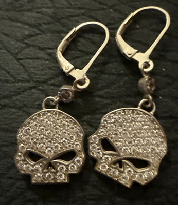Harley Davidson Sterling Silver Willie G. Skull Silver  White Crystal  Earrings