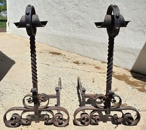 Wrought Iron Andirons Firedogs Antique Hand-Forged Large Size 17"W 31.5"H 23"D