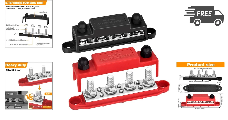 Power Distribution Block 12V 250A Bus Bar Marine Dual Pair with Screws - Image 2 of 4