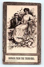 1911 Vintage Postcard Danger From The Third Rail Man Begs To Lady Sitting Fence 