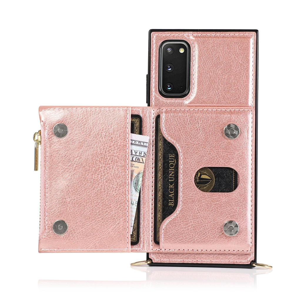 Phone Case PU Leather Credit Bank Card Holder Back Cover Shoulder Strap Cord