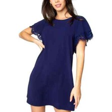 Navy Blue Flutter Sleeve Shift Dress with Eyelash Lace Trim Mini Dress Womens