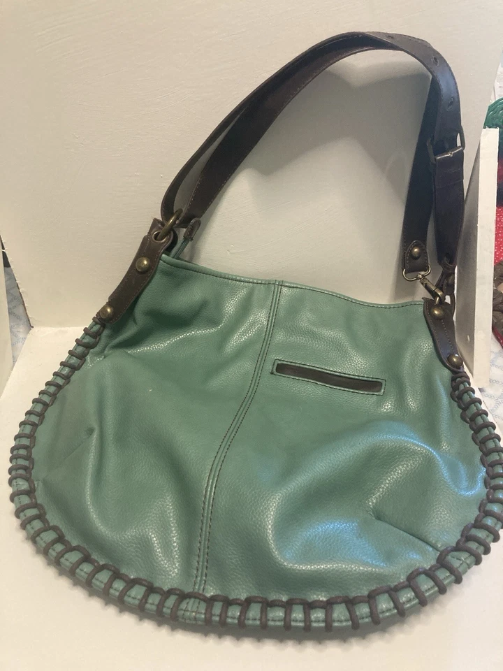 CHALA  Hobo Crossbody Bag Green w Brown Trim Vegan Leather Button Floral Large - Image 3 of 4