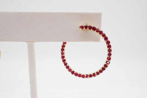 14k Yellow Gold Ruby Hoop Earrings - Picture 3 of 10