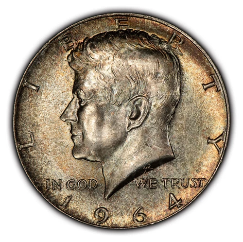 1964 50c Kennedy Silver Half Dollar - Colorful Speckled Toning - BU - SKU-H2528