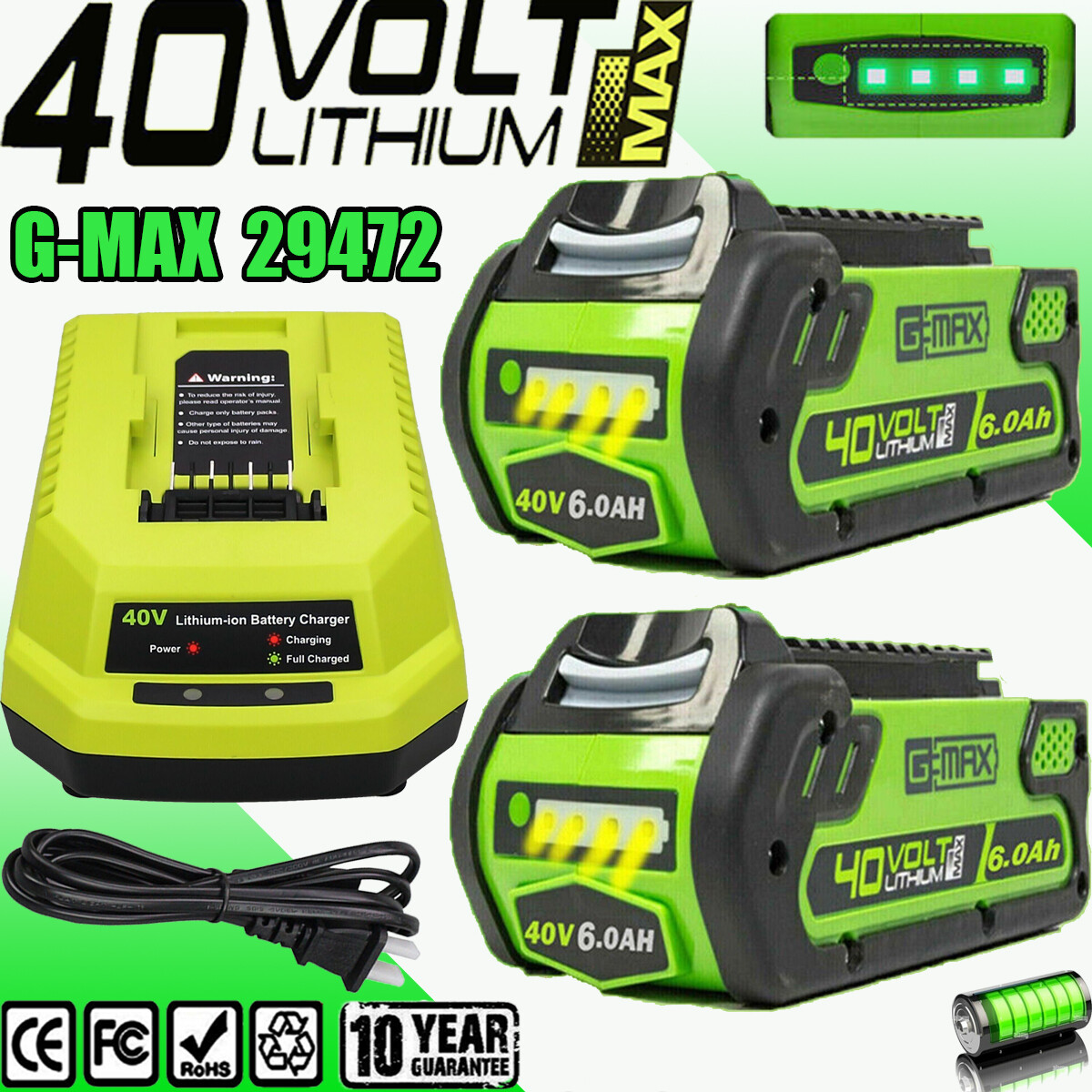 40 V 6.0Ah 29472 For Greenworks 40V Lithium G-MAX Battery /C