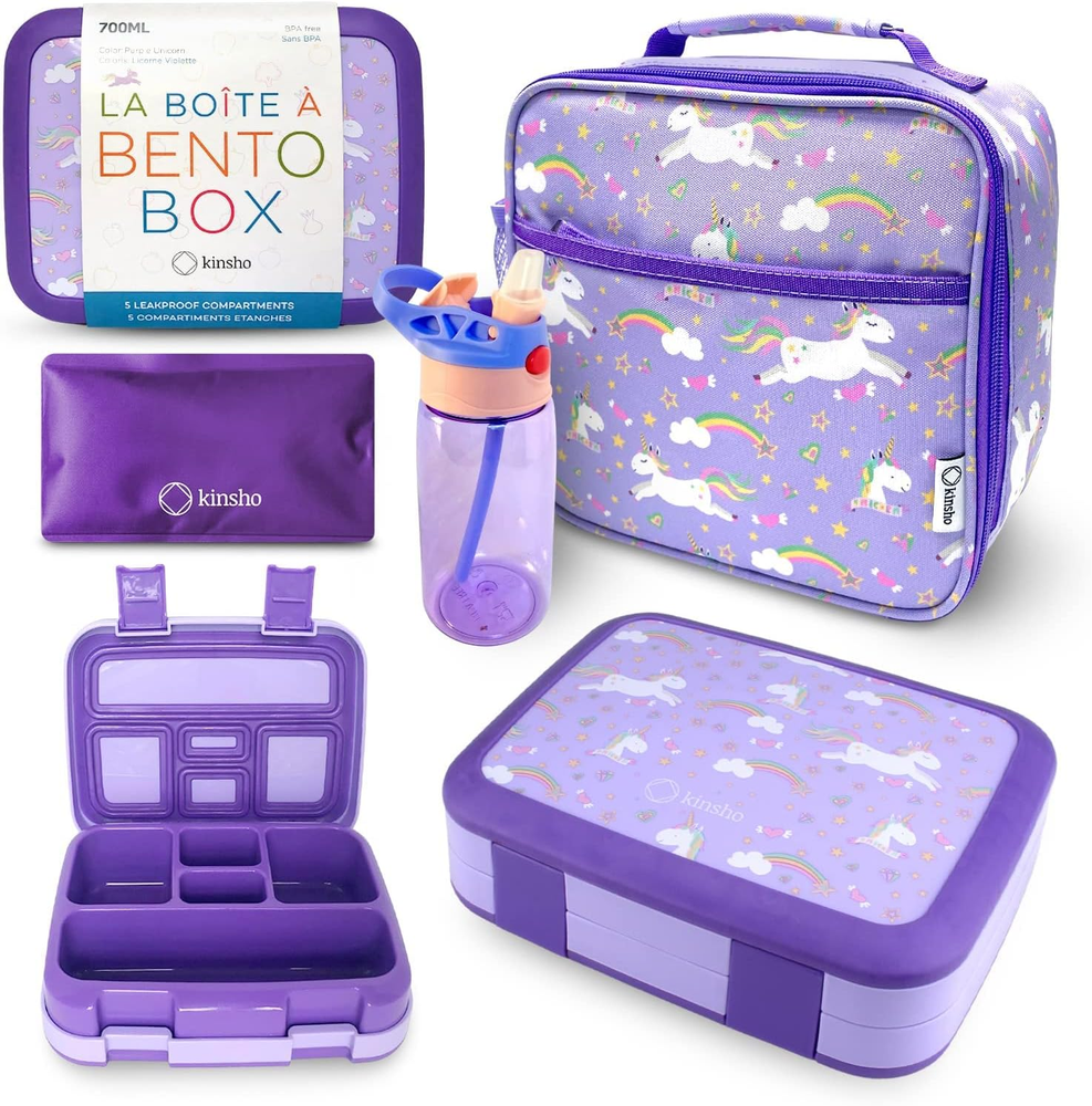 Bento Box with Insulated Lunch Bag, Ice Pack & Water Bottle Set for Kids
