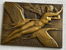 FRANCE ART DECO AD EXCELSA PER EXCELSUM BRONZE PLAQUE 1930 - 2" x 2.75"