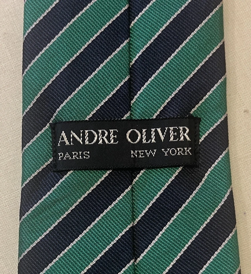 Винтажный мужской галстук Andre Oliver 100% шелк Repp StripeTie Англия темно-синий и зеленый 3 дюйма - Изображение 3 из 4