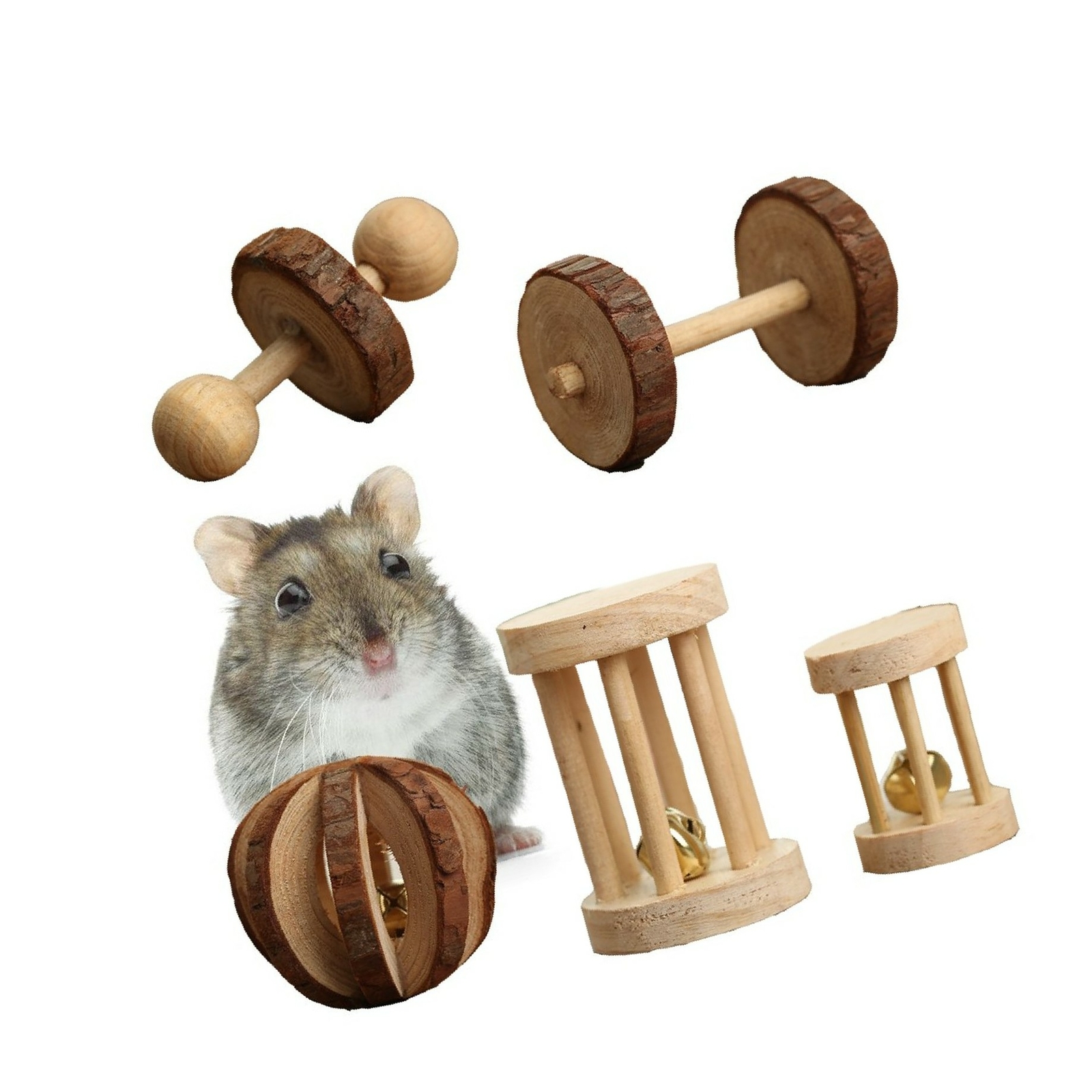 Image 1 - Pevor Pack of 5 Hamster Chew Toys - Natural Wooden Pine Dumbells Exercise Bel...