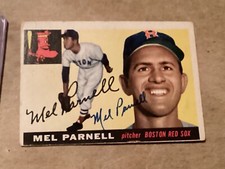 MEL PARNELL 1955 TOPPS #140 AUTOGRAPHED CARD RED SOX - EX+ - Lite Corner Wear -
