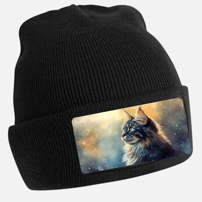 Black Cool Cat Print Beanie Hat - Unisex Cap, Cotton