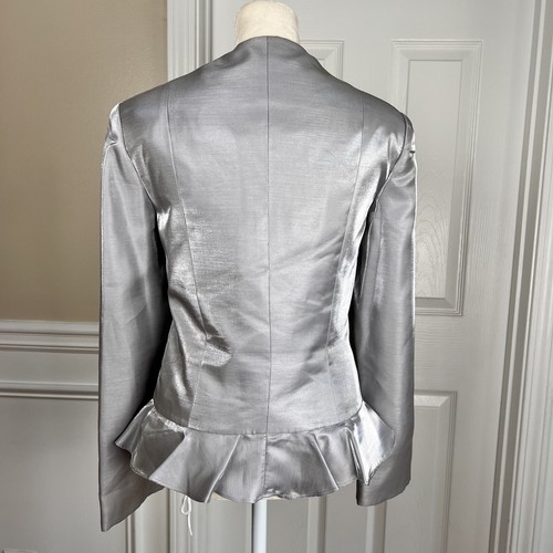 NINA MASSINI 2PC Silver Rayon Polyester Collarless Ruffle Blazer Suit Set Size 8 - Picture 5 of 8