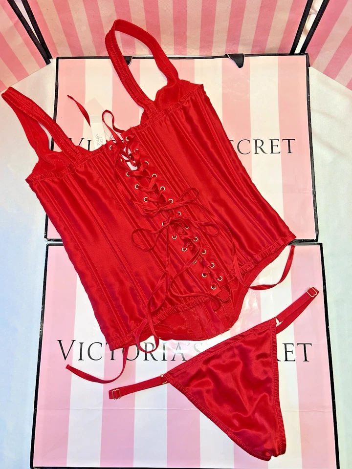 Hermoso lápiz labial rojo con cordones y tanga corsé de seda Victorias Secret XL Foto 3 de 3